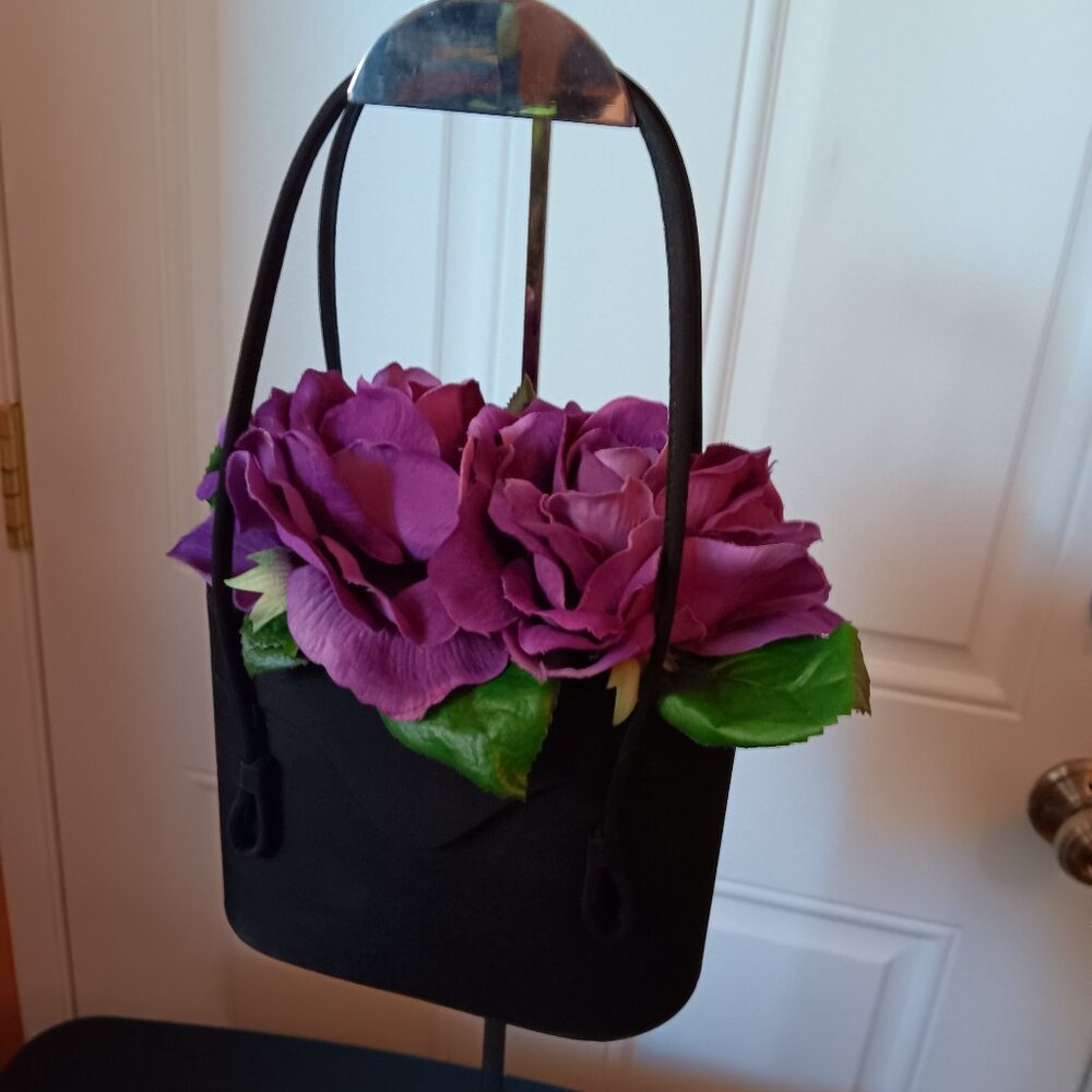 Women's Black  Bucket Bag with Purple Fabric Flowers on Top